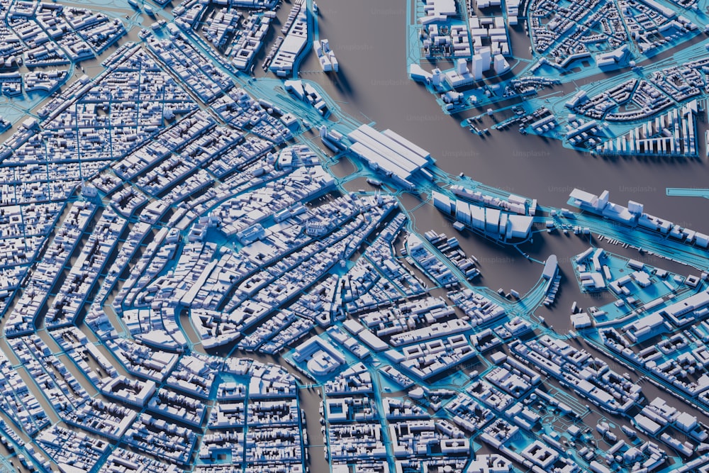 Une maquette d’une ville est représentée en bleu