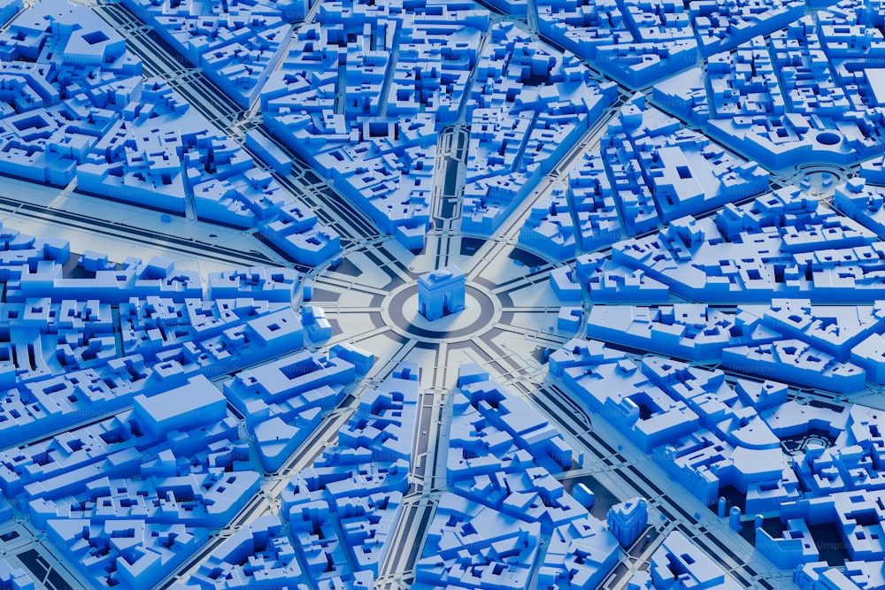 a blue model of a city with roads and buildings