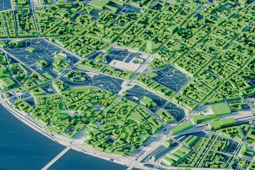 Um mapa de uma cidade com muitos edifícios verdes