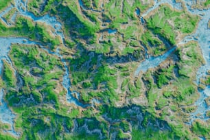 an aerial view of a river and land