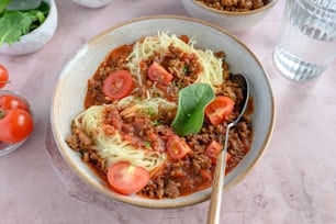 un bol de spaghettis avec de la viande et des tomates