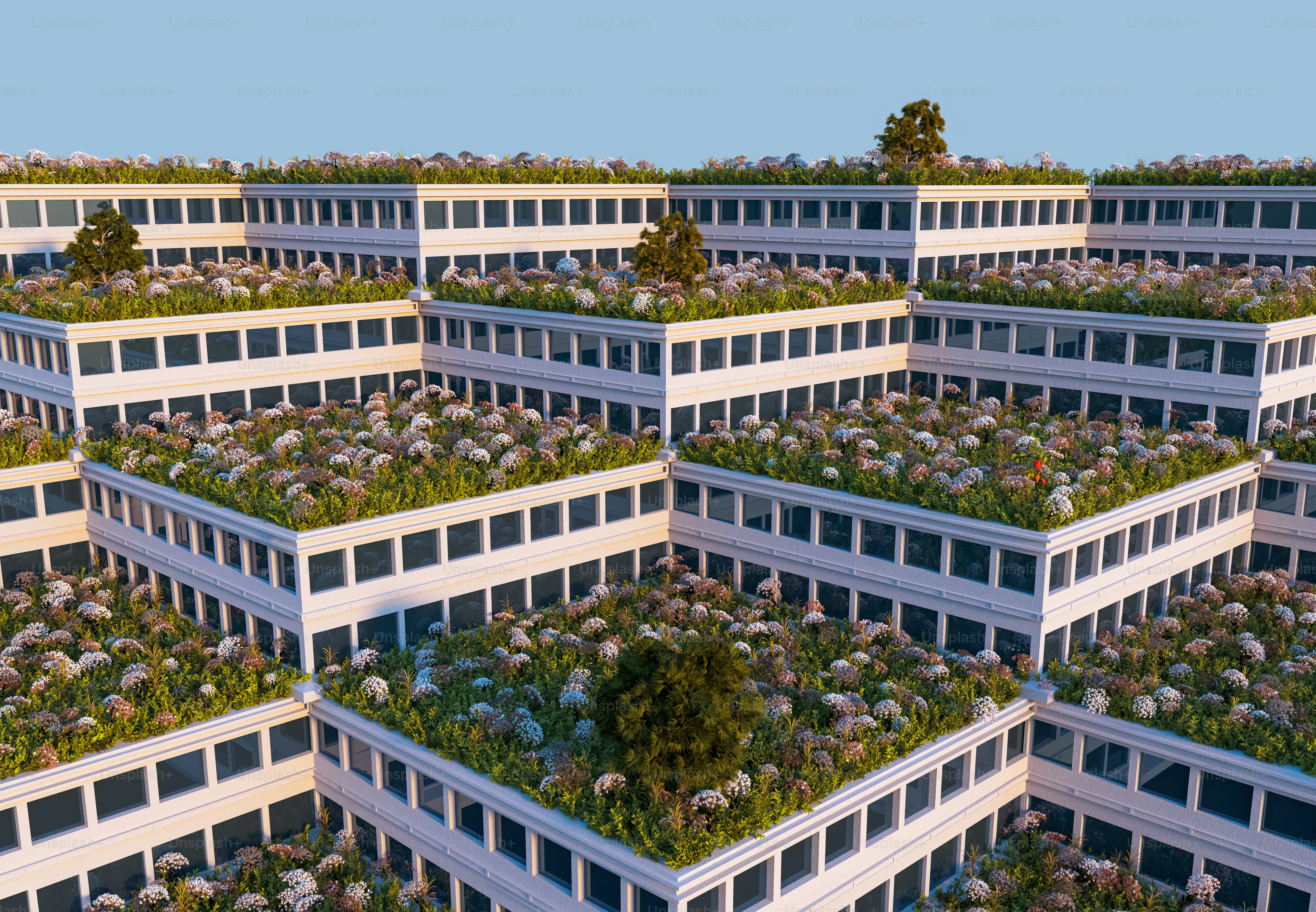 a group of buildings with a green roof