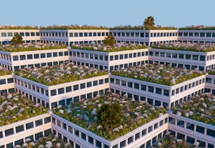 a group of buildings with a green roof