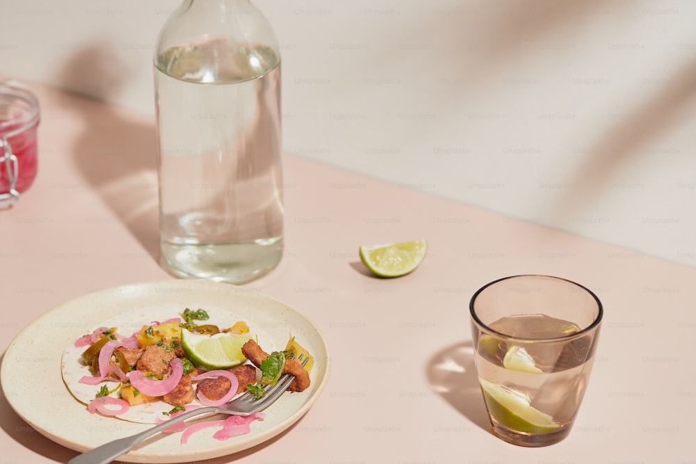 a plate of food next to a glass of water