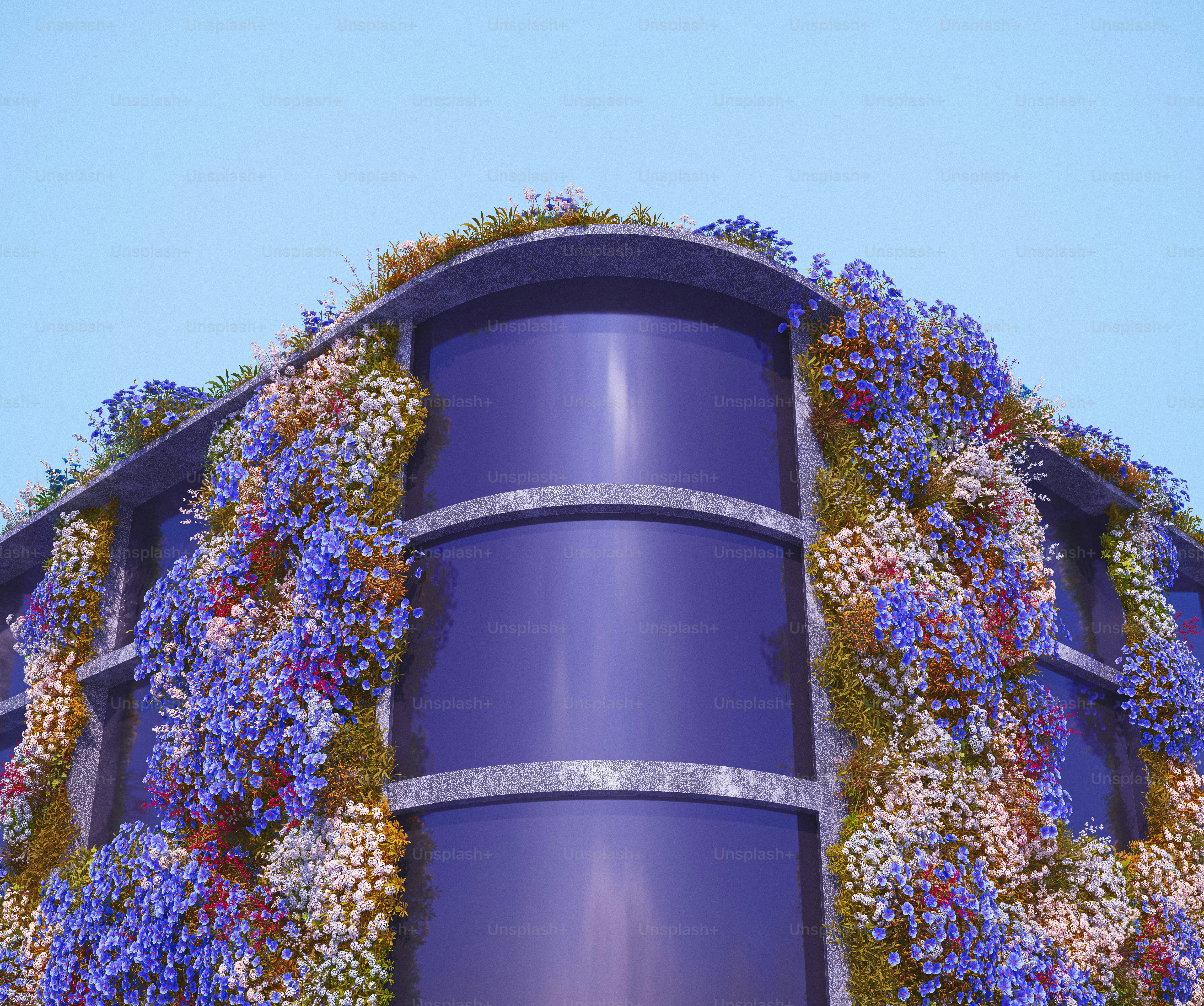 a building covered in purple and white flowers