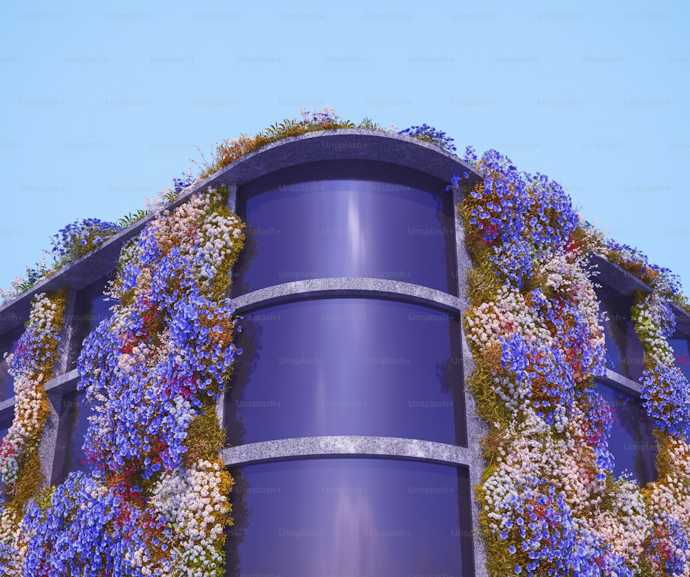 a building covered in purple and white flowers