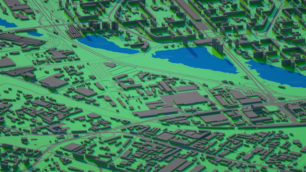 Ein 3D-Bild einer Stadt, durch die ein Fluss fließt
