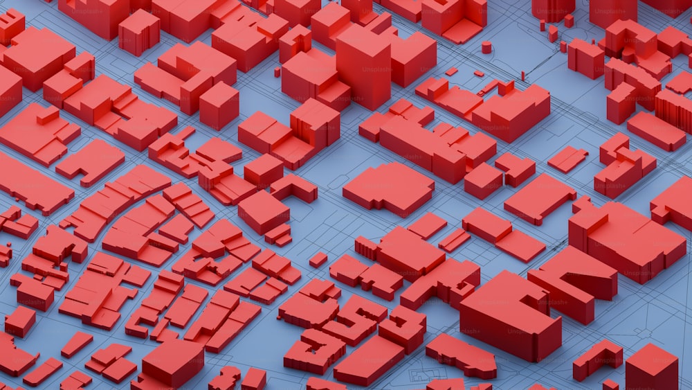 um grande grupo de edifícios vermelhos em uma superfície azul