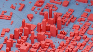 Uma imagem 3D de uma cidade com muitos edifícios vermelhos