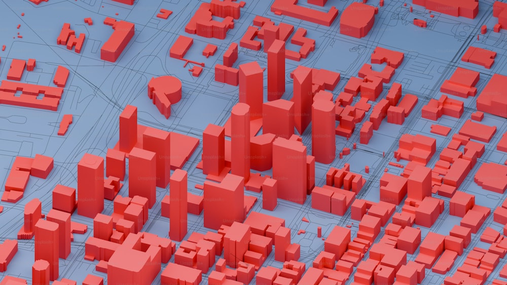 Ein 3D-Bild einer Stadt mit vielen roten Gebäuden