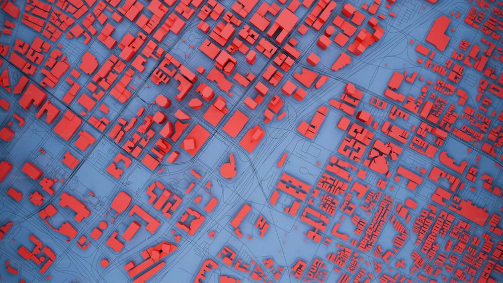 Um mapa de uma cidade é mostrado em vermelho e azul