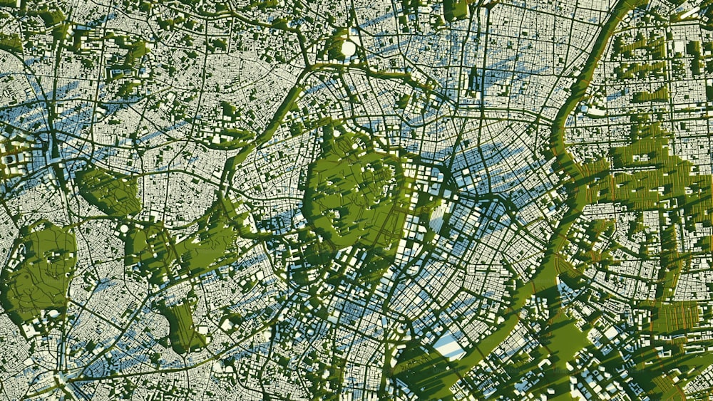 Un mapa de una ciudad con calles y parques