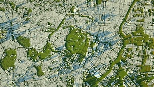 Um mapa de uma cidade com ruas e parques