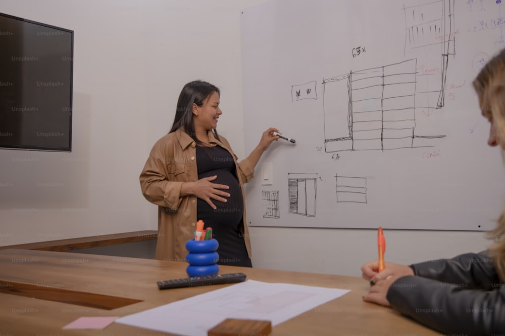 a pregnant woman standing in front of a whiteboard