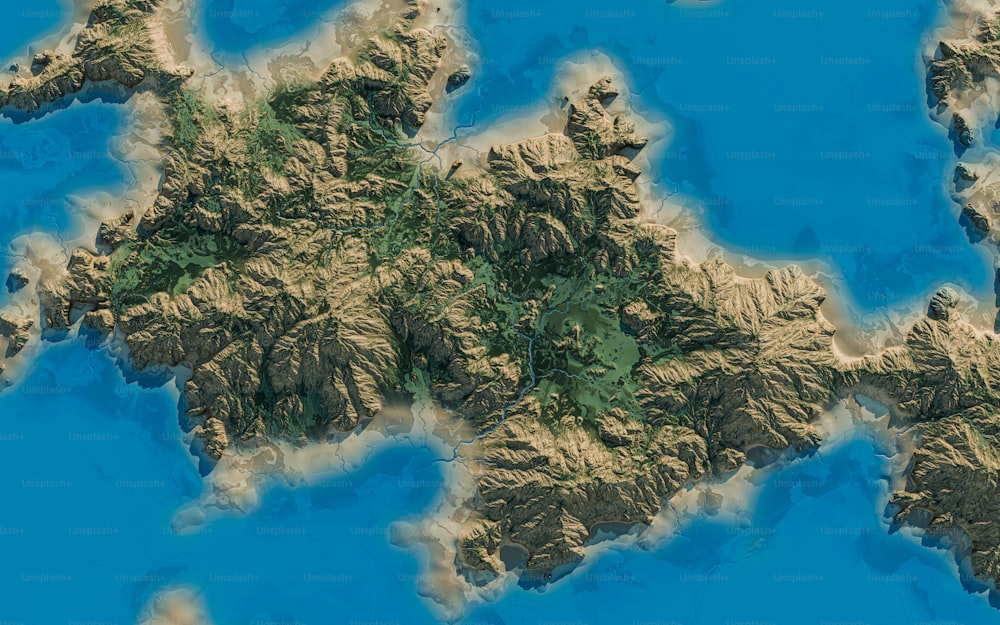 바다 한가운데에 있는 산맥의 3D 지도