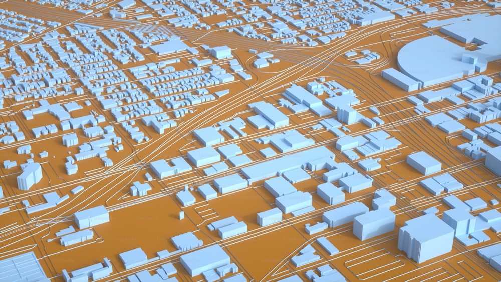 Uma renderização 3D de uma cidade com muitos edifícios