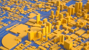 a 3d rendering of a city with yellow buildings