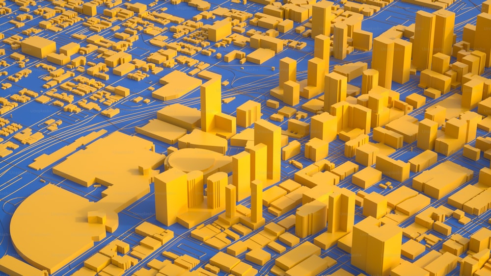 Un rendering 3D di una città con edifici gialli