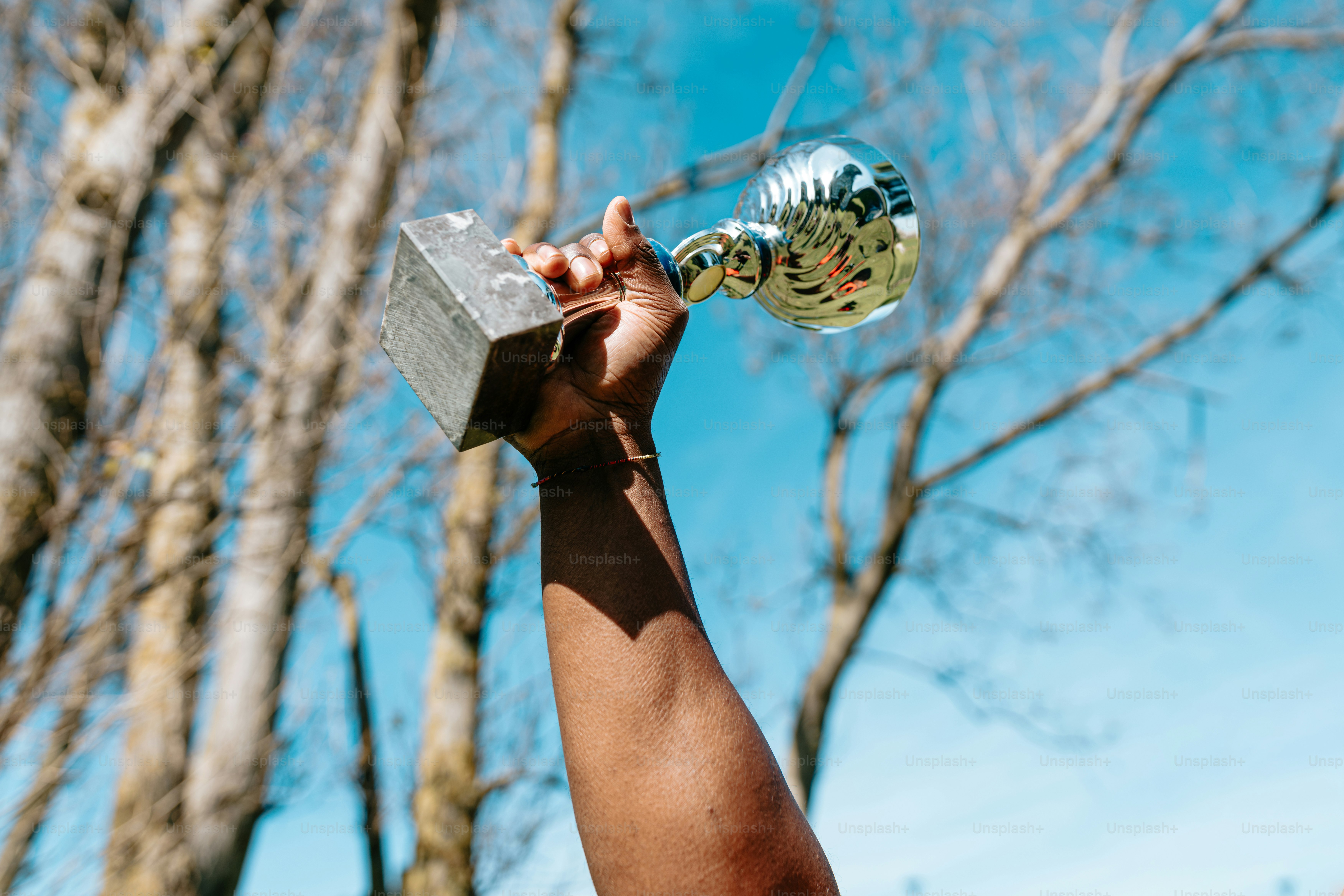 a hand holding a metal object in front of a tree
