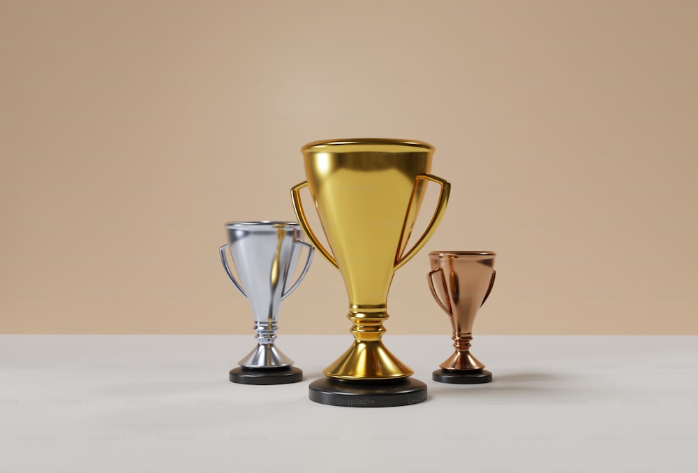 a group of three trophies sitting on top of a table