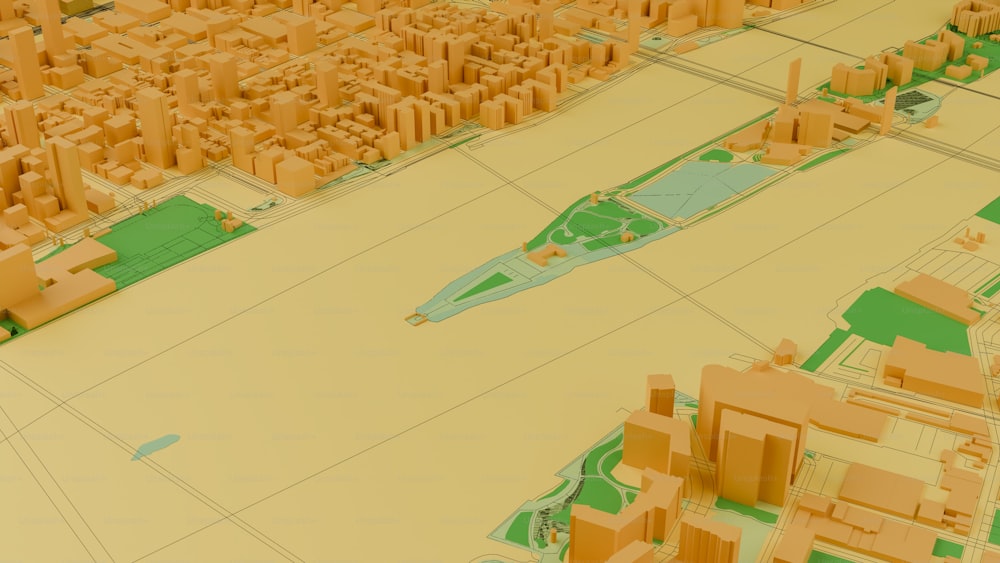 a 3d model of a city with a river running through it