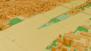 Ein 3D-Modell einer Stadt, durch die ein Fluss fließt