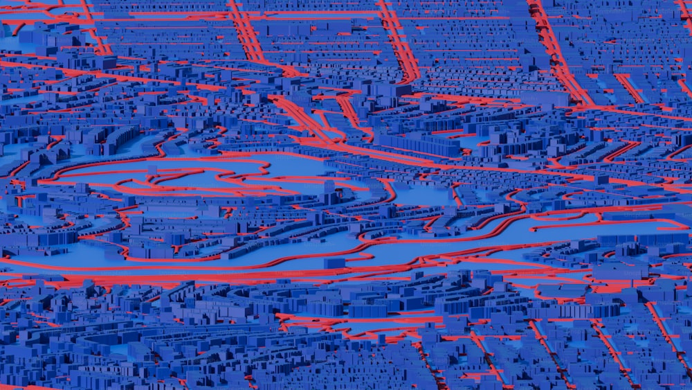 Une image 3D d’une ville en rouge et bleu