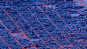 a blue and red image of a city