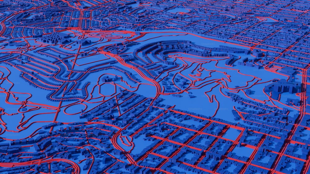 an aerial view of a city in blue and red