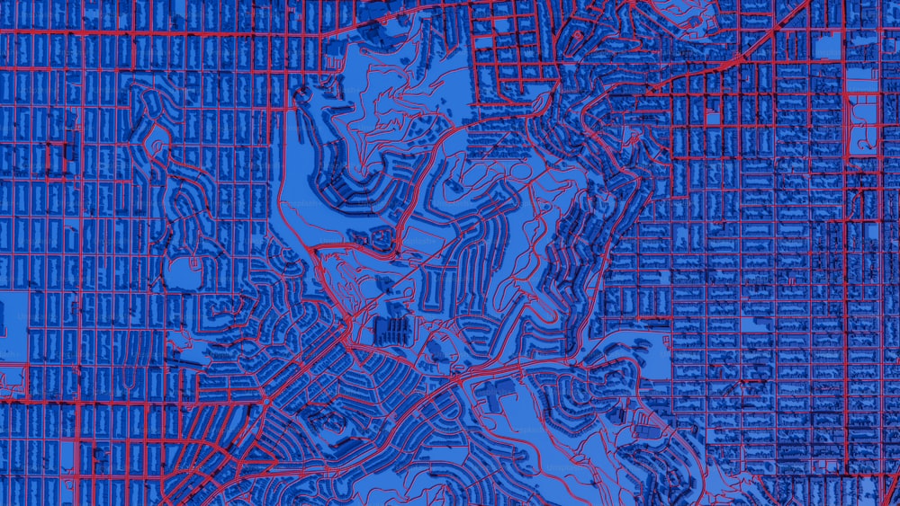 une carte bleue et rouge d’une ville