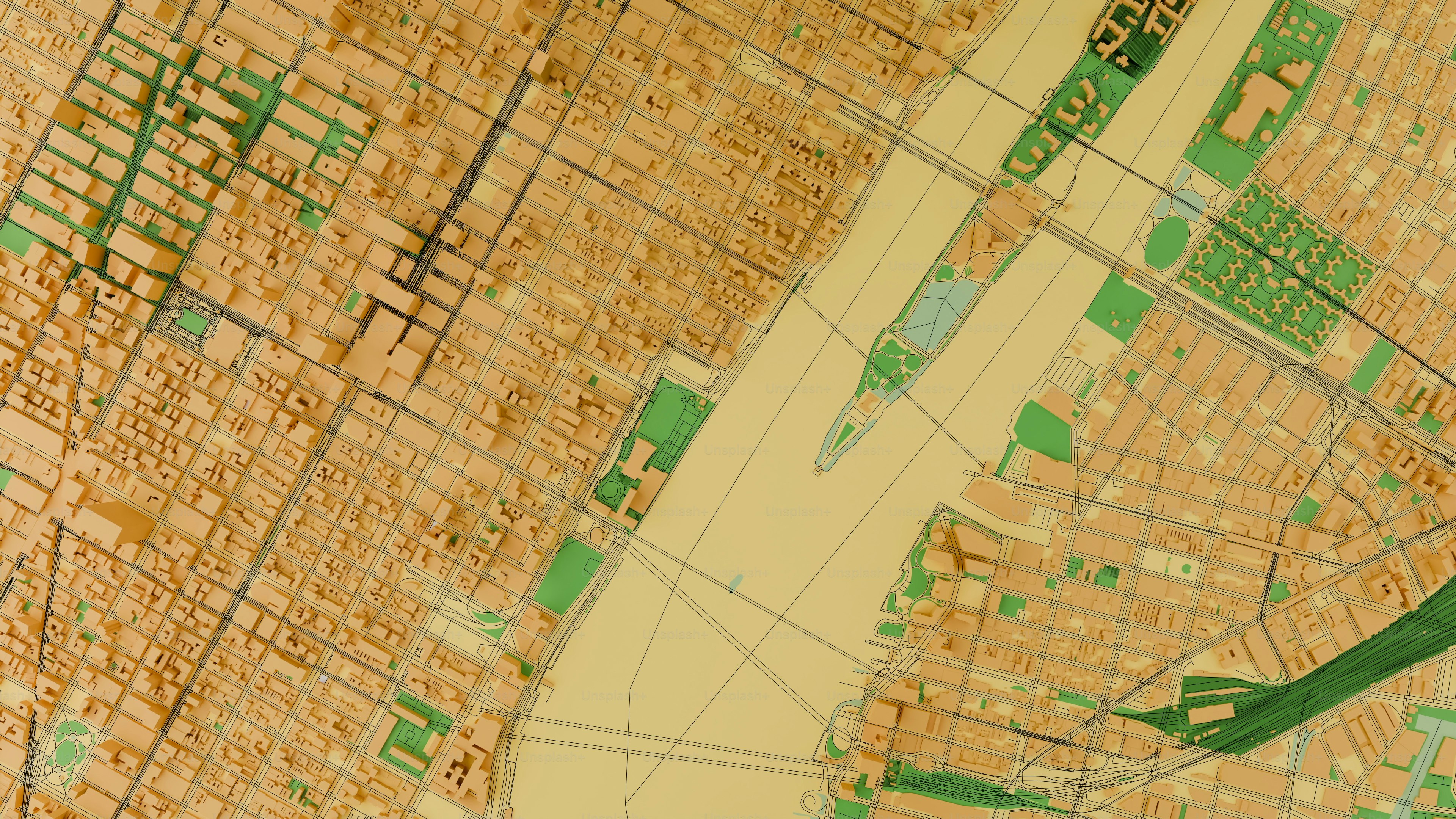 a map of a city with a river running through it