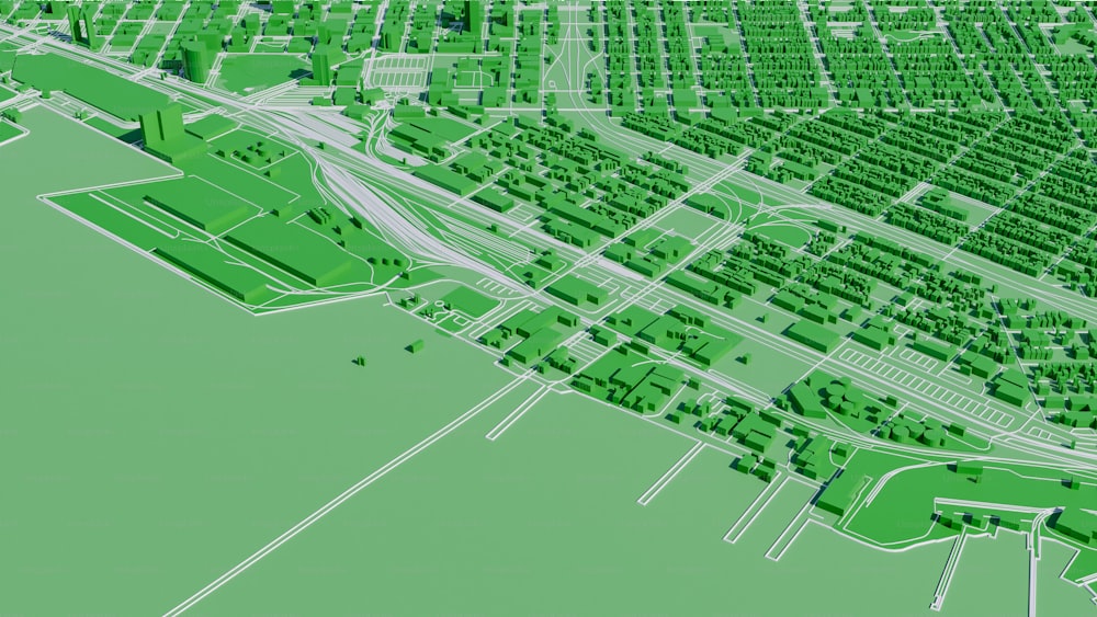 a green map of a city with lots of trees