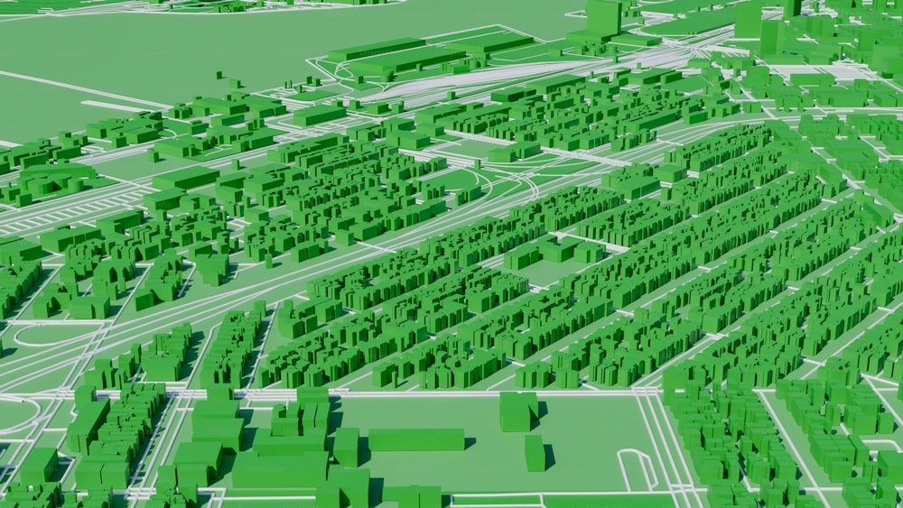 a green map of a city with lots of trees