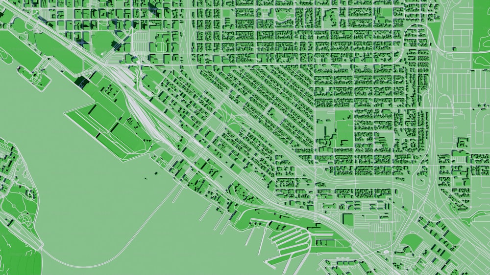 une carte verte d’une ville avec beaucoup de bâtiments