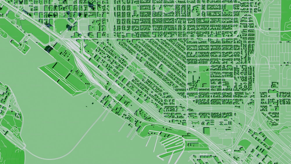 a green map of a city with lots of buildings