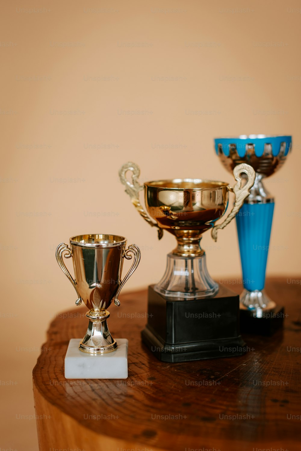 Tres trofeos colocados encima de una mesa de madera