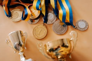 a group of medals sitting on top of a table