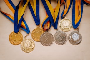 a group of medals sitting on top of a table