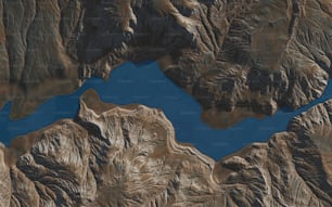 Una imagen satelital de un lago rodeado de montañas