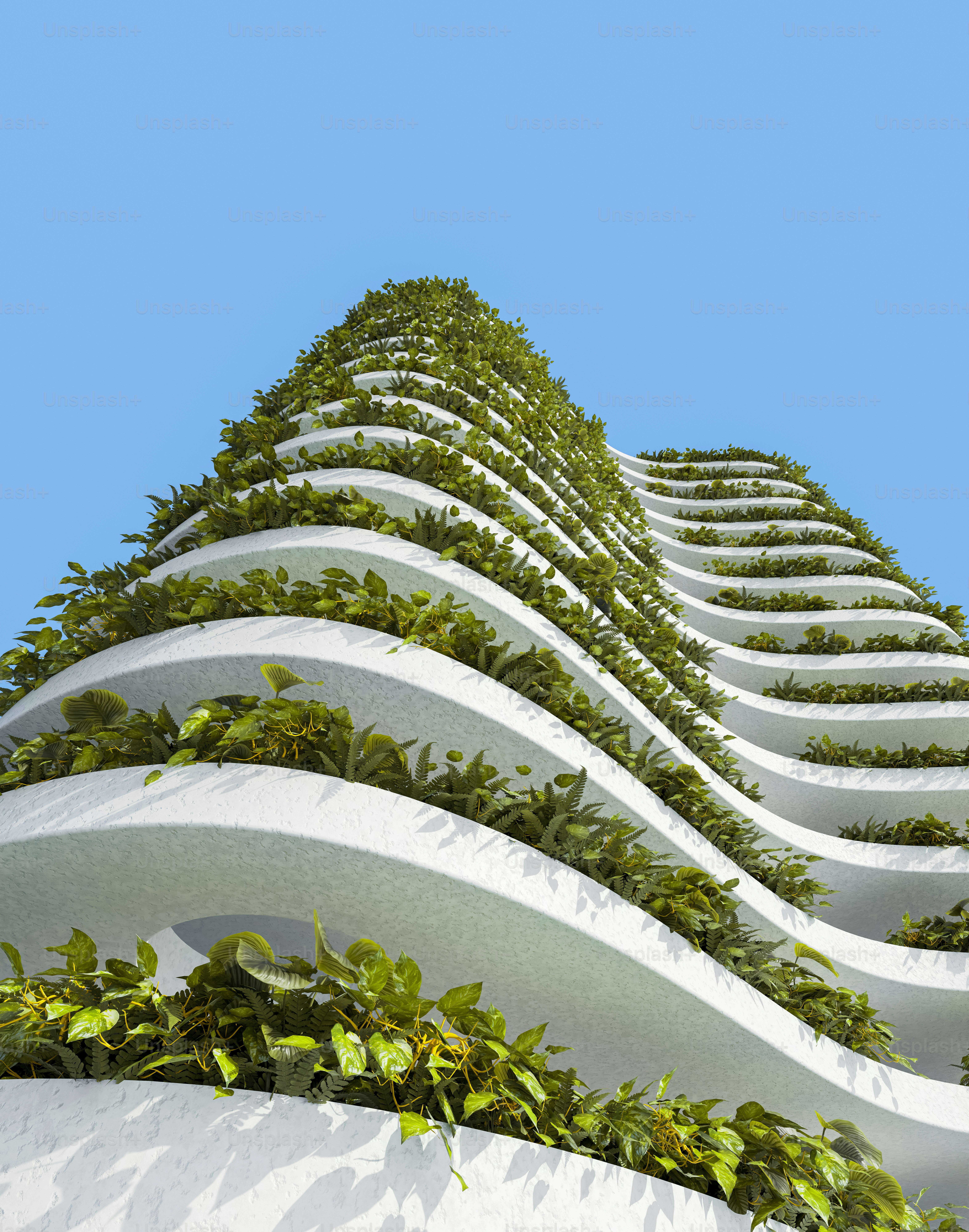 a very tall building with a lot of plants growing on it