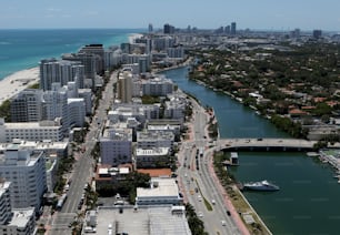 an aerial view of a city with a river running through it