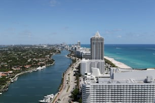 an aerial view of a city next to a body of water