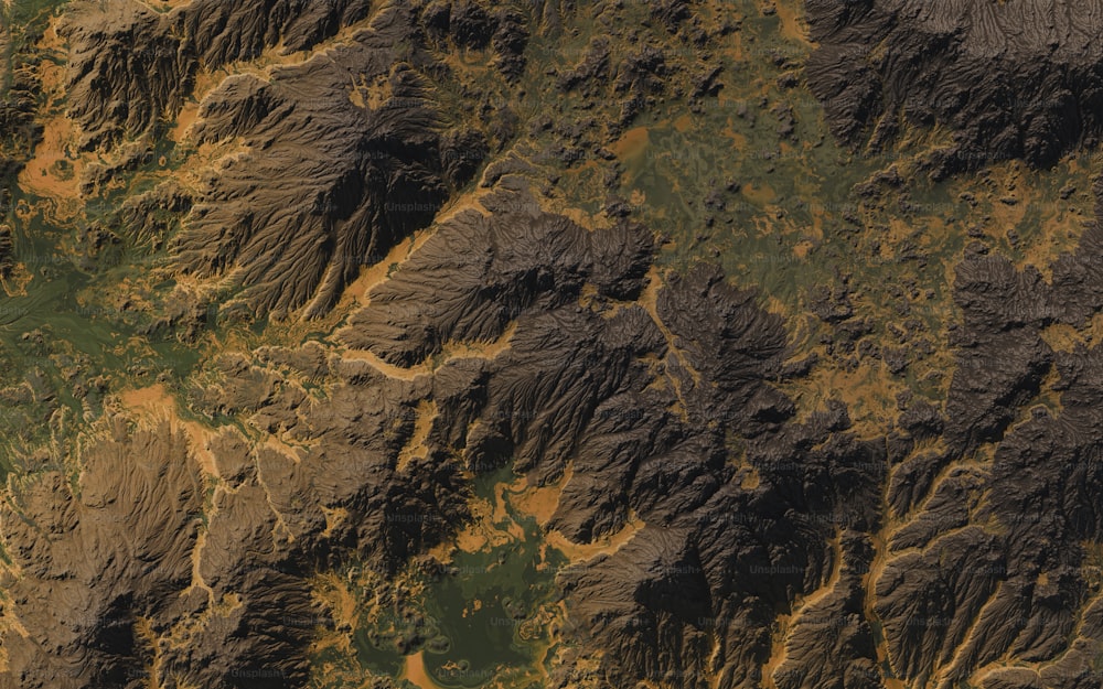an aerial view of a mountain range with a plane flying over it