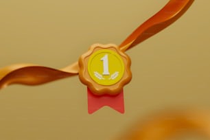 a gold medal with a red ribbon around it