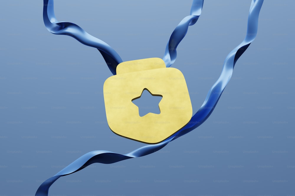 una medaglia d'oro con un nastro azzurro intorno