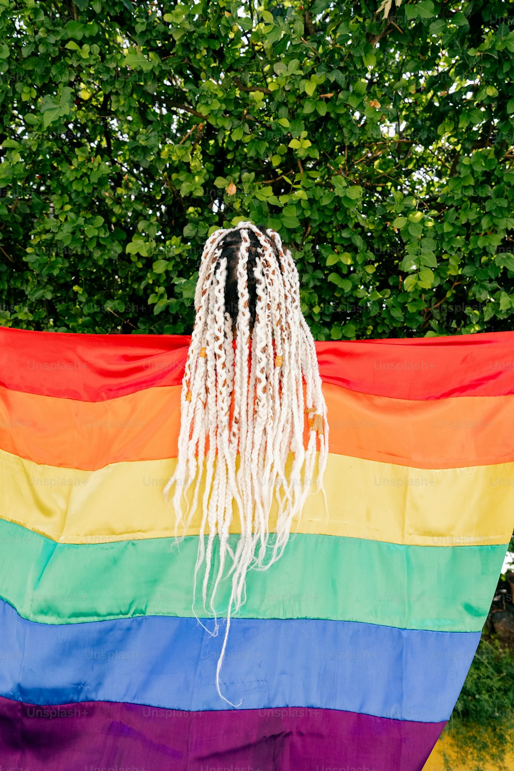 a large rainbow flag with white dreadlocks hanging from it