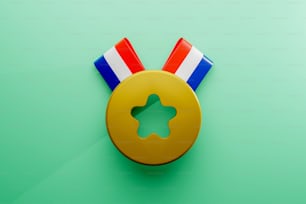 a gold medal with a red, white, and blue ribbon