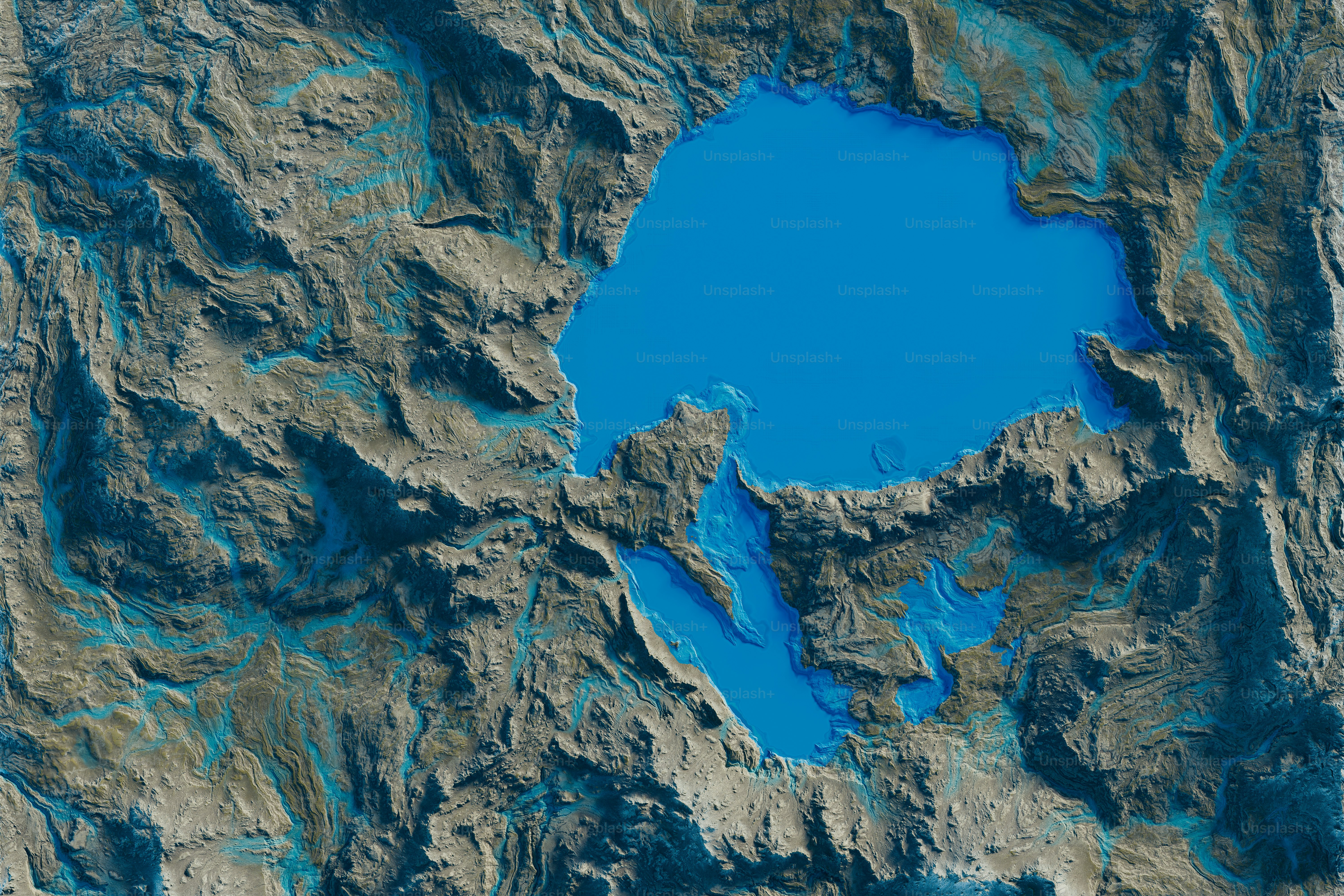 3D render of a rocky terrain with lakes from an aerial view.