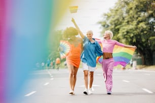 drei Frauen, die eine Straße entlang gehen und eine Regenbogenfahne halten