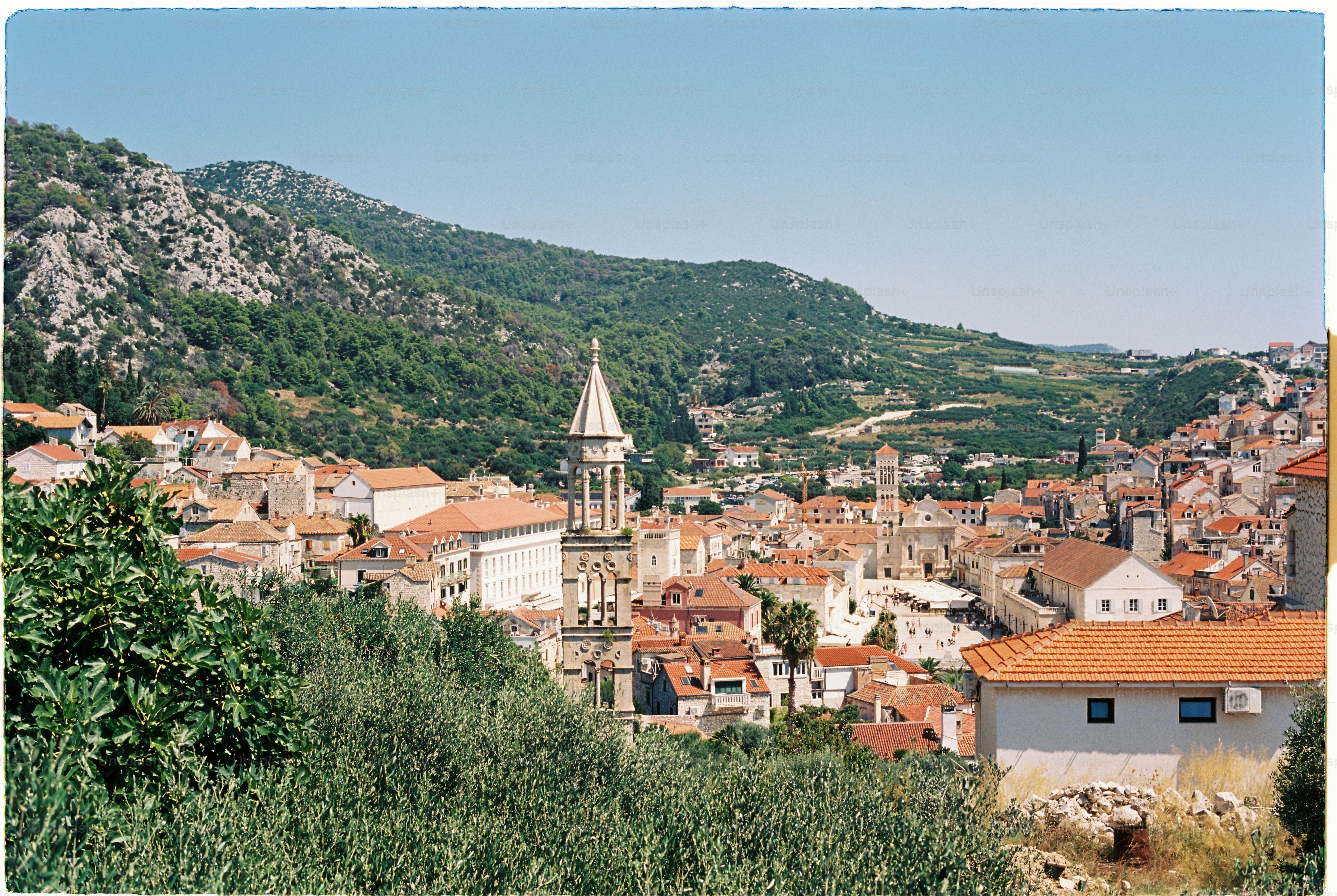 a view of a city with a mountain in the background
